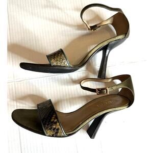 Vintage Gucci Python satin metallic olive green brown open toe sandals size 6B